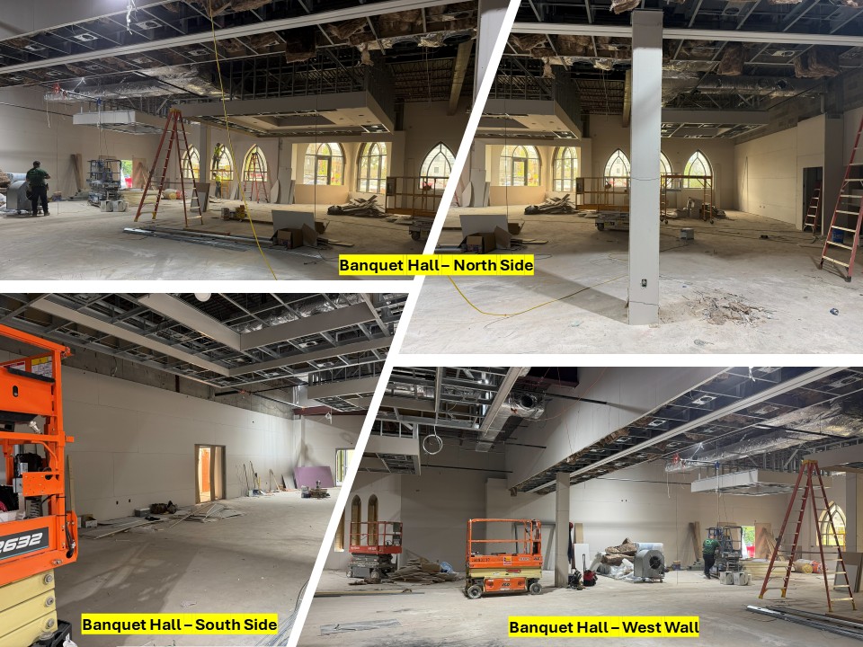 Phase-4 construction: the Banquet Hall from the north side, south side and west wall, with framed ceilings and arched windows
