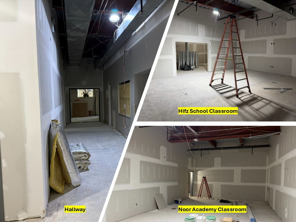 Phase-4 construction: a hallway, a Hifz School classroom and a Noor Academy classroom, drywalled and awaiting finishes